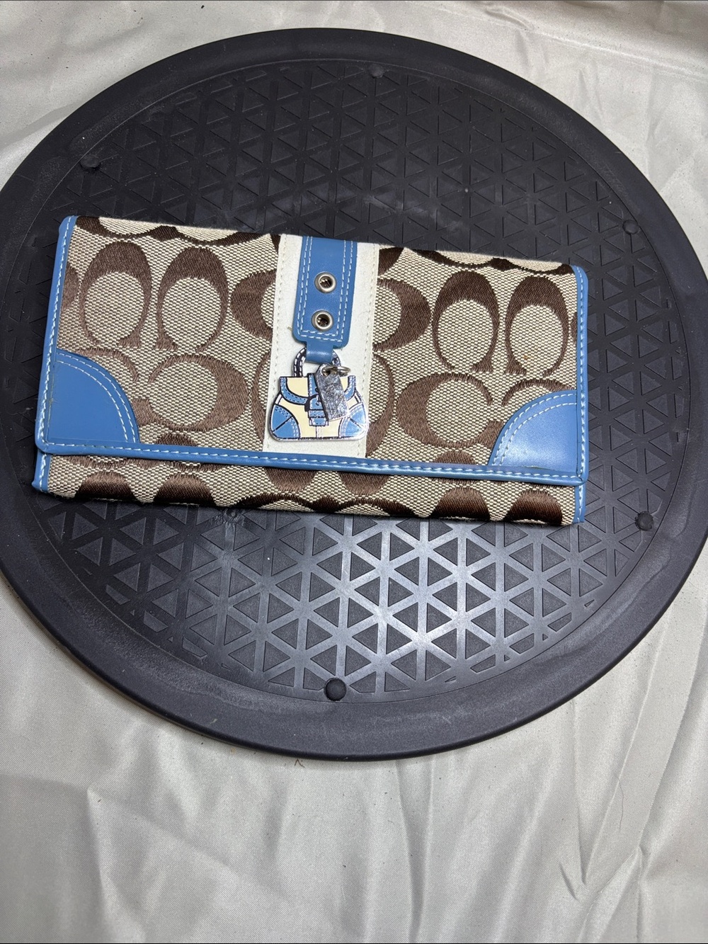 Coach Brown Signature Canvas Wallet with Blue Trim